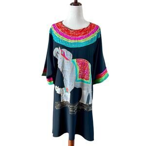 Hand Painted Silk Caftan or Tunic Dress Elephant Baby/Mother Trunk Up OS